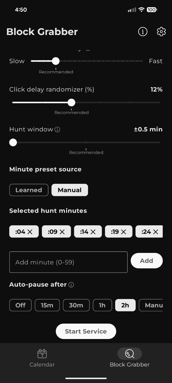 Smart Timing screen with minute preset source